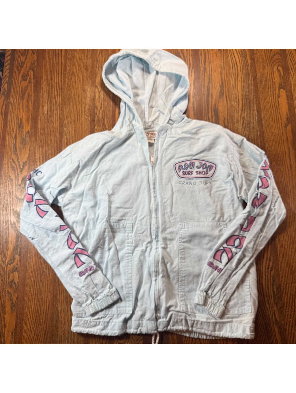 Ron Jon Surf Shop Grand Turk Full Zip Hoodie Light Blue Pink Sleeves Size l
